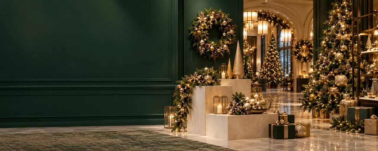 holiday decorations arranged in a luxury hotel and retail display