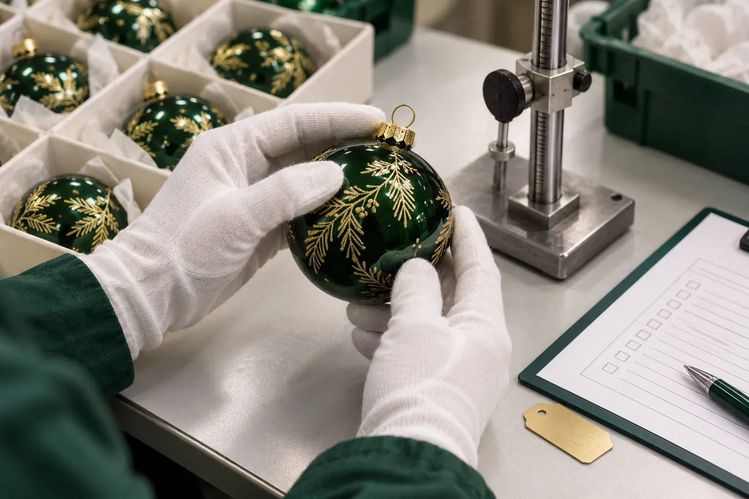 Technician inspecting holiday decorations at a quality desk